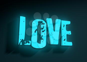 San Valentine card with neon shine LOVE word in 3D effect. Glowing letters. Cafe neon sign