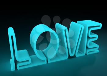 San Valentine card with neon shine LOVE word in 3D effect. Glowing letters. 