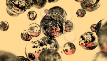 Large group of mirror orbs or pearls levitation in empty space. 3D rendering