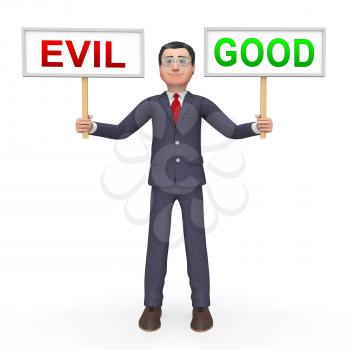 Good Vs Evil Sign Shows Difference Between Moral Honesty And Hate. Crossroads Of Hope Belief Or Hell - 3d Illustration