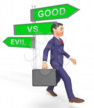 Good Vs Evil Sign Shows Difference Between Moral Honesty And Hate. Crossroads Of Hope Belief Or Hell - 3d Illustration