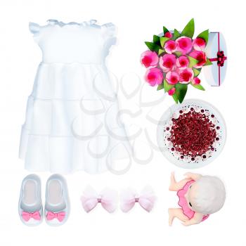 Baby dress and accessories on white background. Birthday.