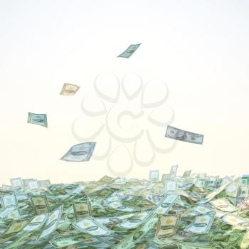 Dollar bills falling into a pile on sky background.