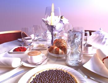Breakfast with croissants, bilberry pie and beverages.