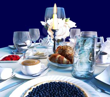 Tea with croissants, bilberry pie and beverages.