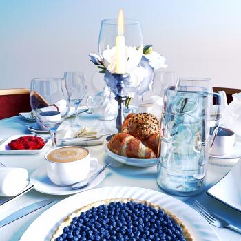 Breakfast with croissants, bilberry pie and beverages.