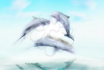 Dolphins against a background of the ocean waves.