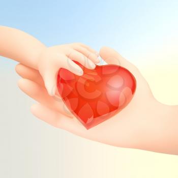 Family concept. Two hands of the family on the heart shape - baby and father. Selective focus on infant handle. Unity, support, protection and happiness. Ready for your logo on the hands.