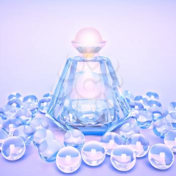 Perfume in a glass bottles and pearl beeds on lilac.