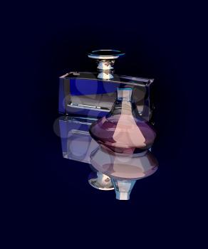 Two bottles of spirits isolated against a dark background with reflection.