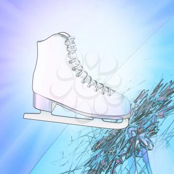 Figure skating. Tilted blue version, ice skates with reflection.