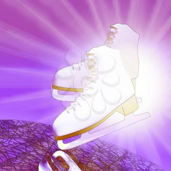 Figure skating. Tilted lilac version, ice skates with reflection.