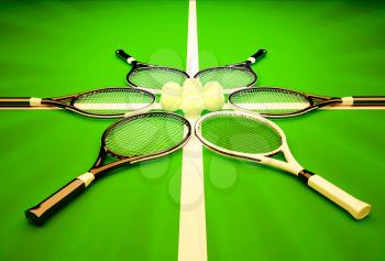 
Tennis rackets and balls on a green background. Tennis school.