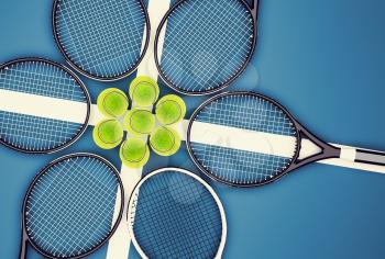 Tennis rackets and balls. Tennis school.