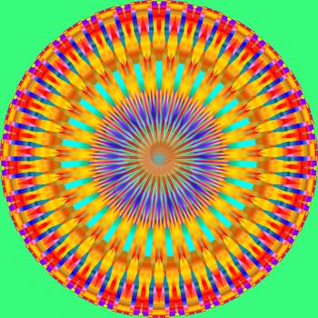 Colorful mandala circle on a green background.