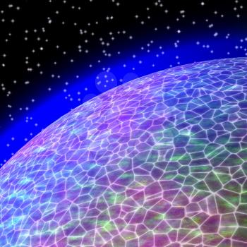 Network connections lines on the Earth globe. View from deep space with stars and light glow over Earth. 