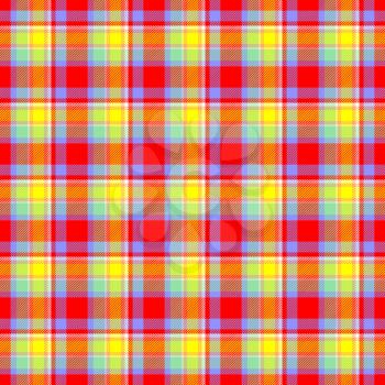 Scottish tartan fabric texture in red and yellow colors.