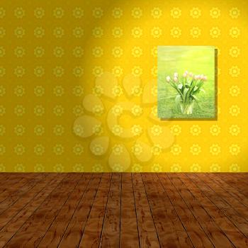 Empty room with yellow wall, wooden background and hook picture. Illustration.