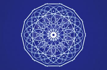 White mandala circle on blue background.