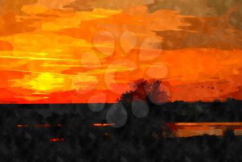 Watercolor digitally generated painting of the beautiful sunset over a landscape.