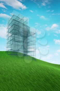 Building concept on hilly meadow. Architecture design and model my own 3d rendering