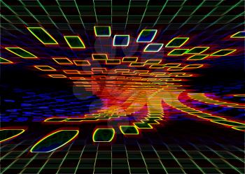 Abstract dark and glowing sci-fi background in yellow, green, red and blue color. Illustration of technology, speed and power.