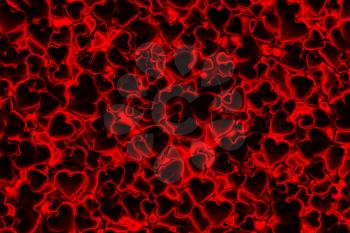 Valentine's Day abstract 3D background pattern with dark radiant, glowing and shining red hearts.