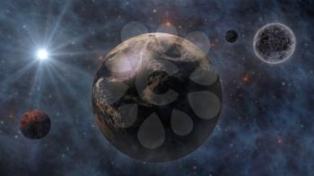 Planet Earth, The Sun, The Moon and Planets In Space 3D Rendering