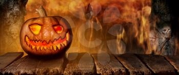 Spooky Halloween Pumpkin On a Wooden Table at Night .With Mistery Horror Background With Cemetery and Fire 3D Illustration