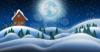 Santa Clause House at North Pole in Snow Fields In Winter Christmas Night