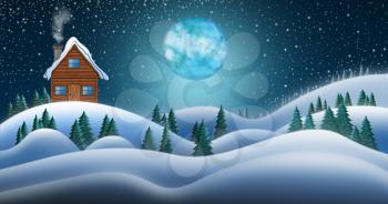 Santa Clause House at North Pole in Snow Fields In Winter Christmas Night