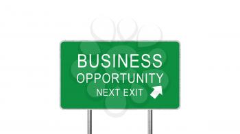 Business Opportunities Next Exit Green Road Sign With Direction Arrow Isolated On White Background. Business Concept 3D Rendering