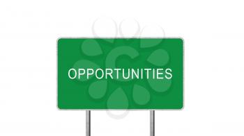 Opportunities Green Road Sign Isolated On White Background. Business Concept 3D Rendering