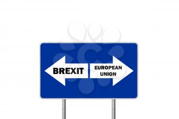 Brexit, or European Union. Road sign With Arrows Depicting UK and EU Departure