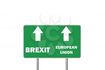 Brexit, or European Union. Road sign With Arrows Depicting UK and EU Departure