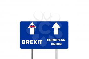 Brexit, or European Union. Road sign With Arrows Depicting UK and EU Departure