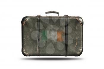 Travel Vintage Leather Suitcase With Flag Of Ireland Isolated On White Background