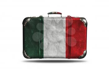 Travel Vintage Leather Suitcase With Flag Of Mexico Isolated On White Background