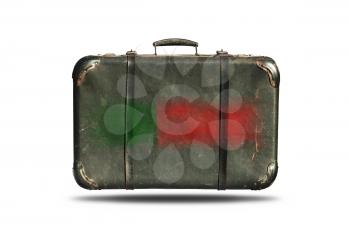 Travel Vintage Leather Suitcase With Flag Of Portugal Isolated On White Background