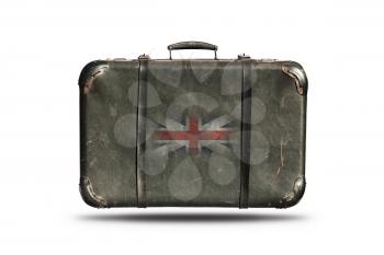 Travel Vintage Leather Suitcase With Flag Of Great Britain Isolated On White Background