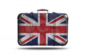 Travel Vintage Leather Suitcase With Flag Of Great Britain Isolated On White Background