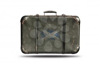 Travel Vintage Leather Suitcase With Flag Of Scotland Isolated On White Background