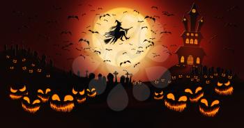 Halloween Pumpkins at Cemetery with Bats Flying and Witch Riding the Broom Against Full Moon Sky with Haunted Mansion in the Background