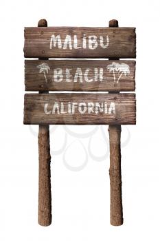 Malibu Beach California Rustic Wooden Board Sign Isolated On White Background 