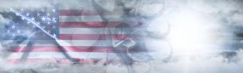 Independence Day, 4th of July. American Flag In The Sky Surrounded By Clouds And Sun Rays