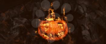 Halloween Pumpkin, Jack O’ Lantern Burning in Flames in a Haunted, Scary Ambient With Grim Reaper and Skeletons