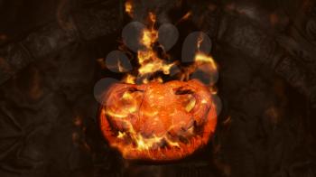 Halloween Pumpkin, Jack O’ Lantern Burning in Flames in a Haunted, Scary Ambient With Grim Reaper and Skeletons