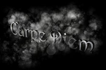 Carpe diem 3D Render- latin phrase that means Capture the moment on black background with white smoke