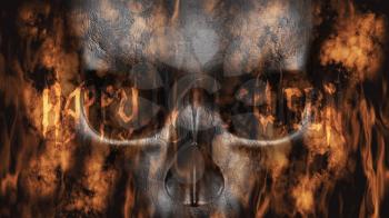 Happy Halloween. Human Skull With Smoke And Fire 3D Rendering