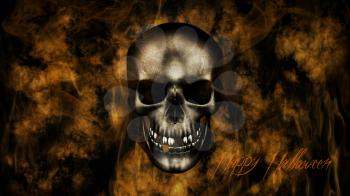 Happy Halloween. Human Skull With Smoke And Fire 3D Rendering